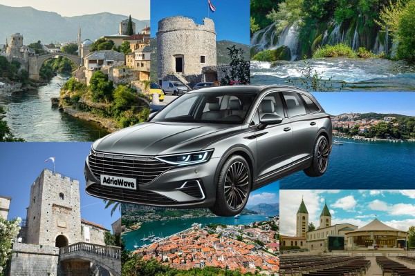 Car in front of the old bridge in Mostar
